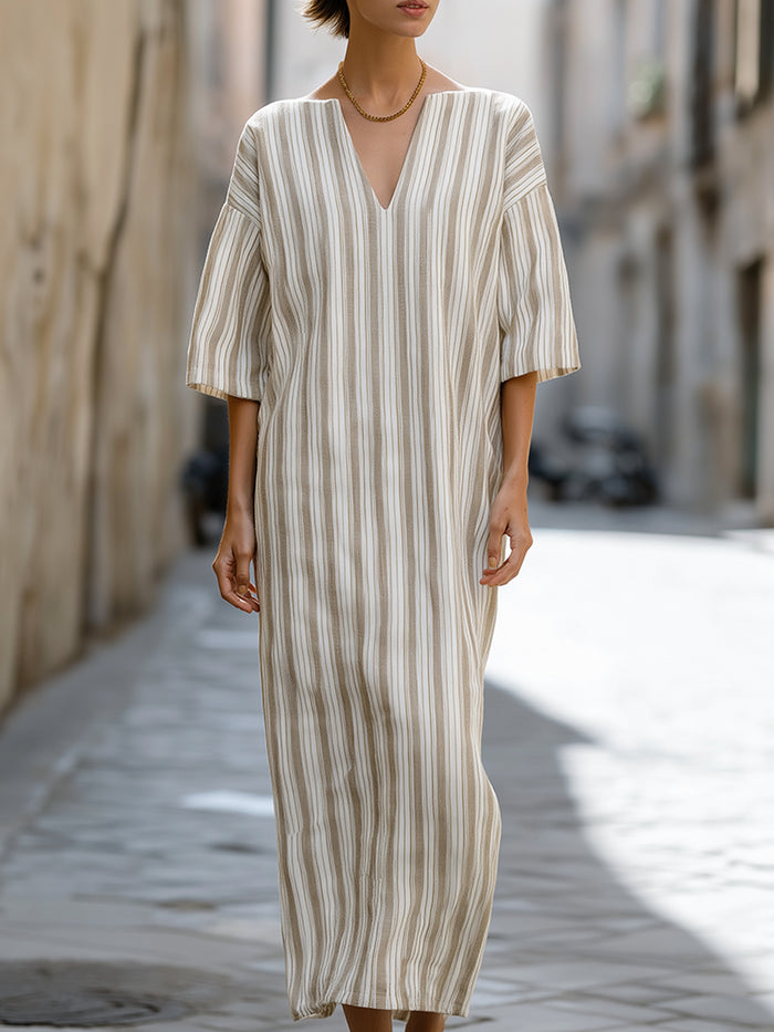 Loose V-Neck Cotton Linen Striped Long Dress