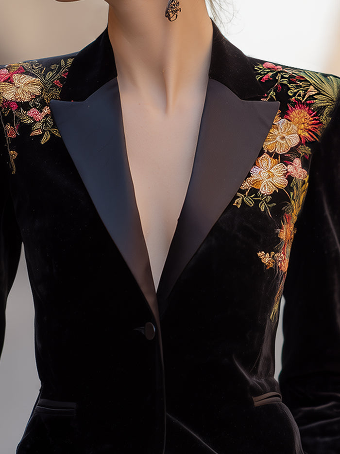 Gold Velvet Lapel Embroidered Velvet Blazer