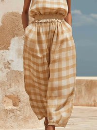 Casual Plaid Sleeveless Elastic Waist Wide-Leg Jumpsuit – Effortless Summer Style