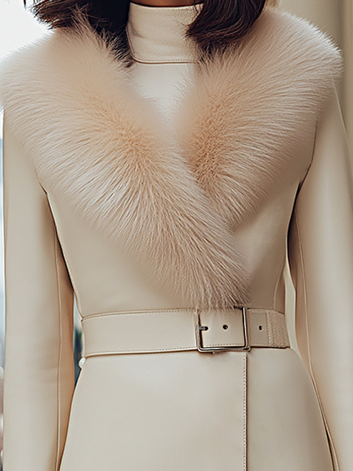 Elegant Belted Wool Coat With Faux Fur Collar