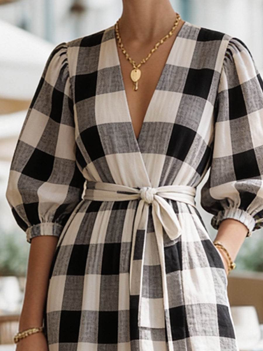 Gingham Wrap V-Neck Puff Sleeve Midi Dress