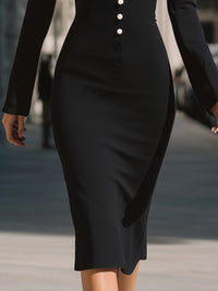 Black Off-Shoulder Midi Dress With Buttons