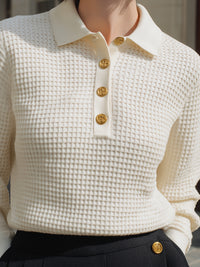 Textured Knit Polo Top With Gold Button Accents