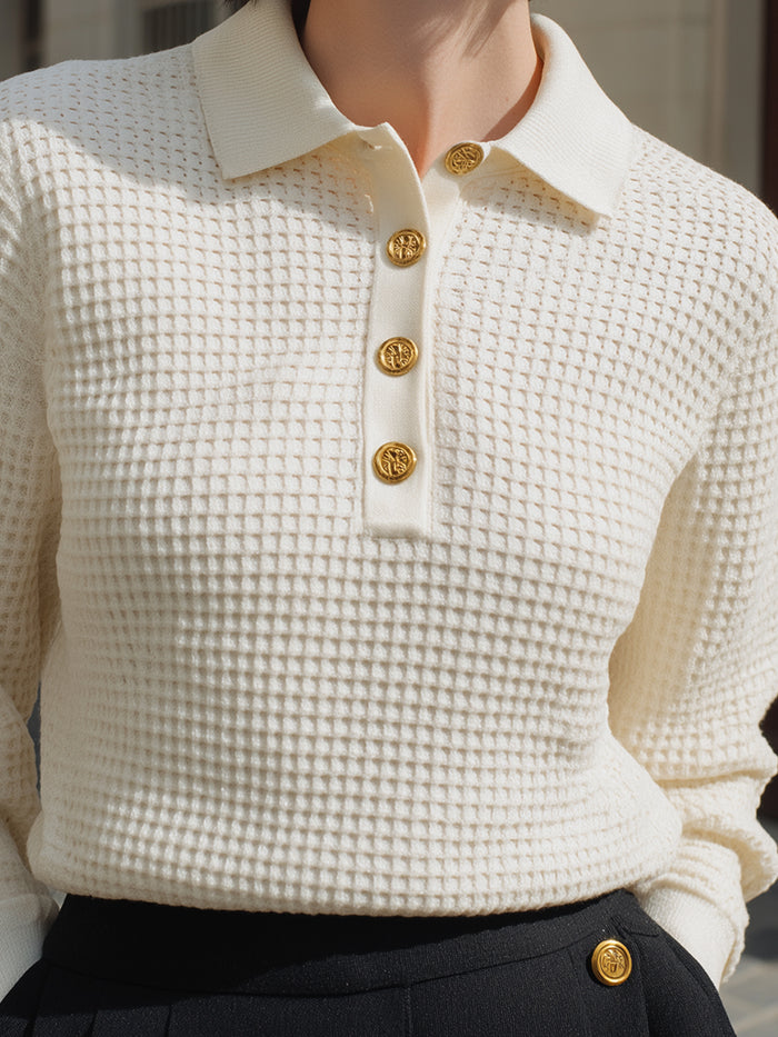 Textured Knit Polo Top With Gold Button Accents