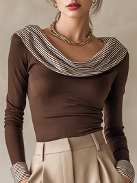 Striped Drape-Collar Ribbed Top
