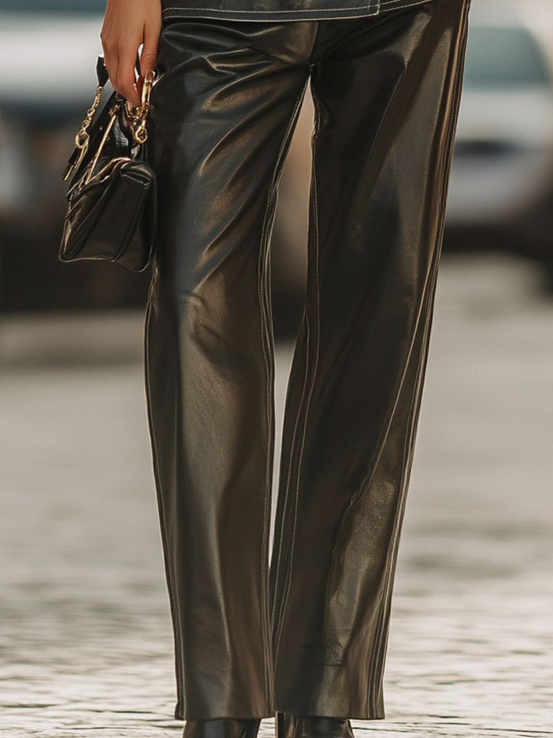 Faux Leather Double-Breasted Pantsuit