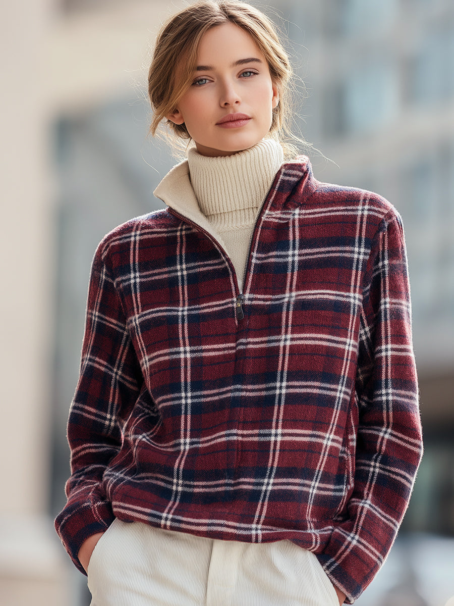 Half-Zip Plaid Fleece Pullover