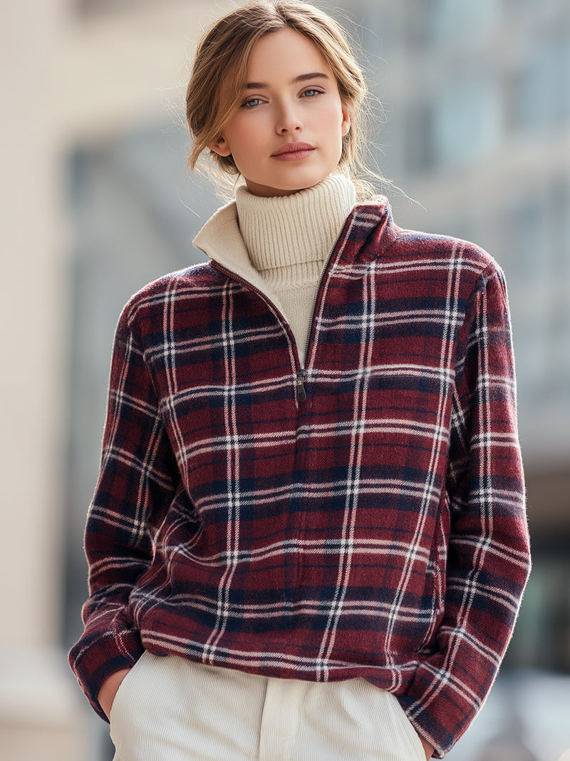 Half-Zip Plaid Fleece Pullover
