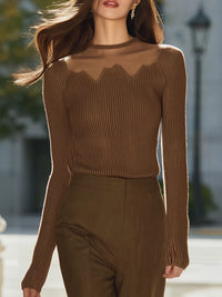 Sheer Panel Wave-Edge Knit Top