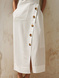 Asymmetrical One-Shoulder Button Detail Midi Dress