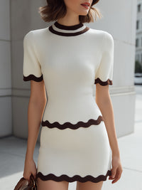 Ivory Ribbed Knit Top And Skirt Set With Contrasting Fan-Shaped Piping