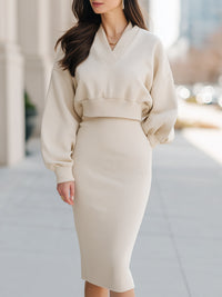 V-Neck Ribbed Knit Top & Midi Skirt Set