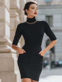 Black Ribbed Turtleneck Knit Dress With Short Sleeves