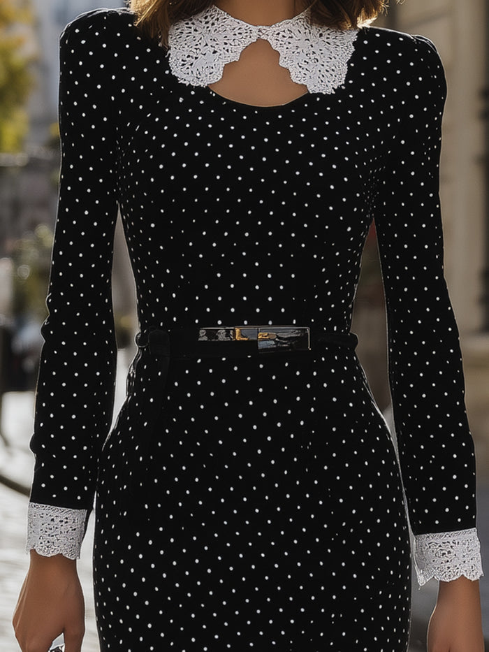 Black Polka Dot Lace Collar Pencil Skirt (detachable Lace Collar)