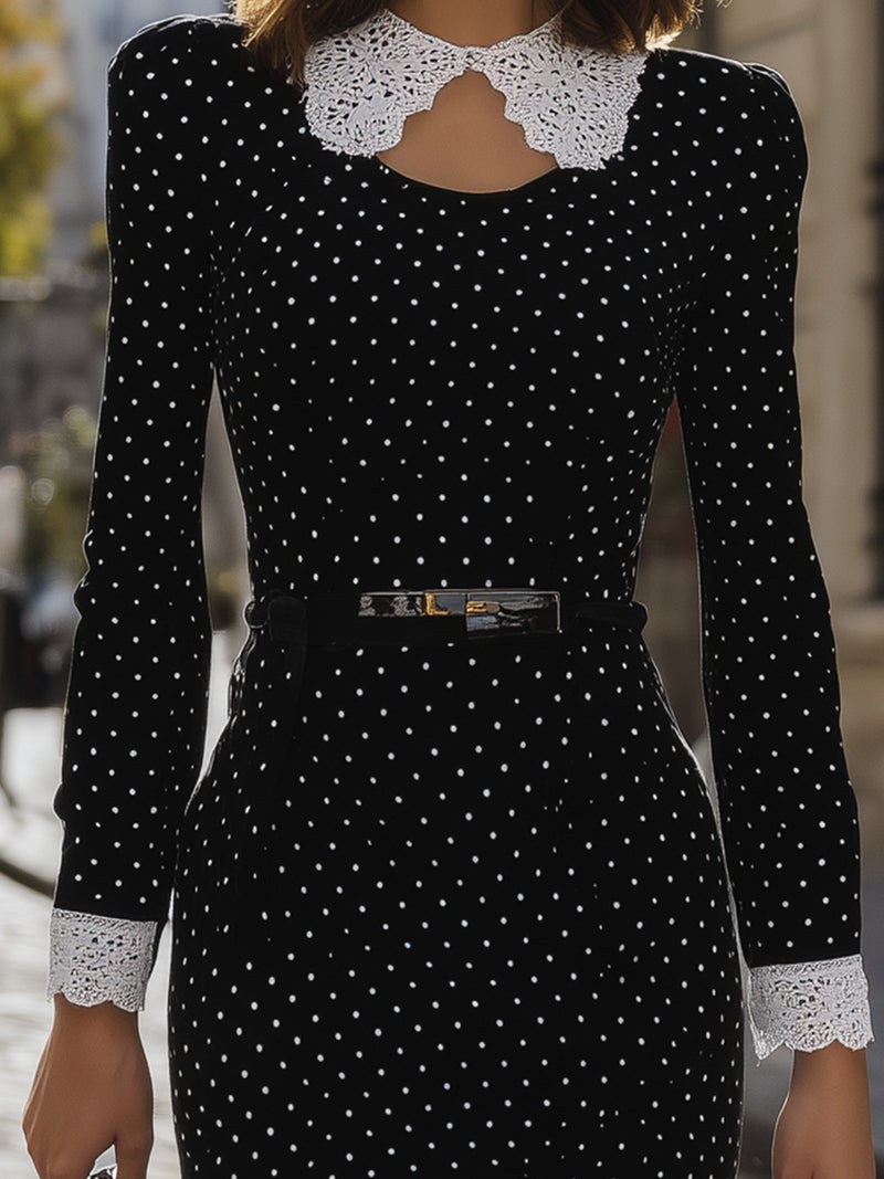 Black Polka Dot Lace Collar Pencil Skirt (detachable Lace Collar)