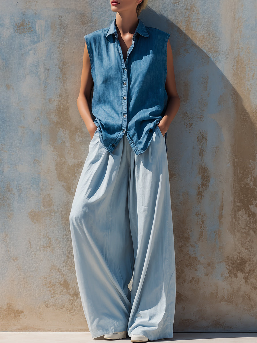 Sleeveless Denim Shirt & Relaxed Wide-Leg Trouser Set