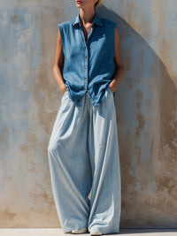 Sleeveless Denim Shirt & Relaxed Wide-Leg Trouser Set