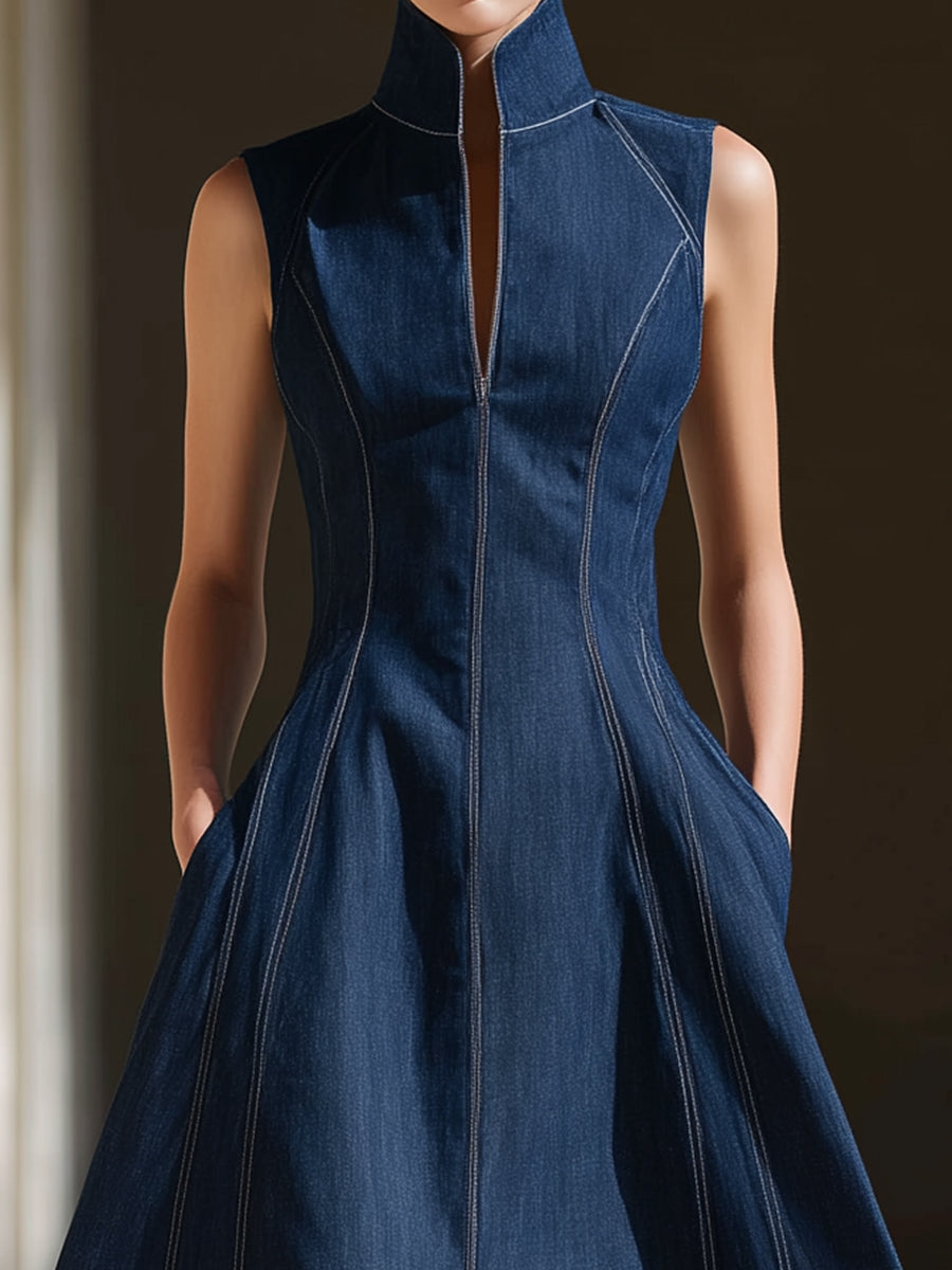 Sleeveless Stand Collar Tailored A-Line Denim Dress