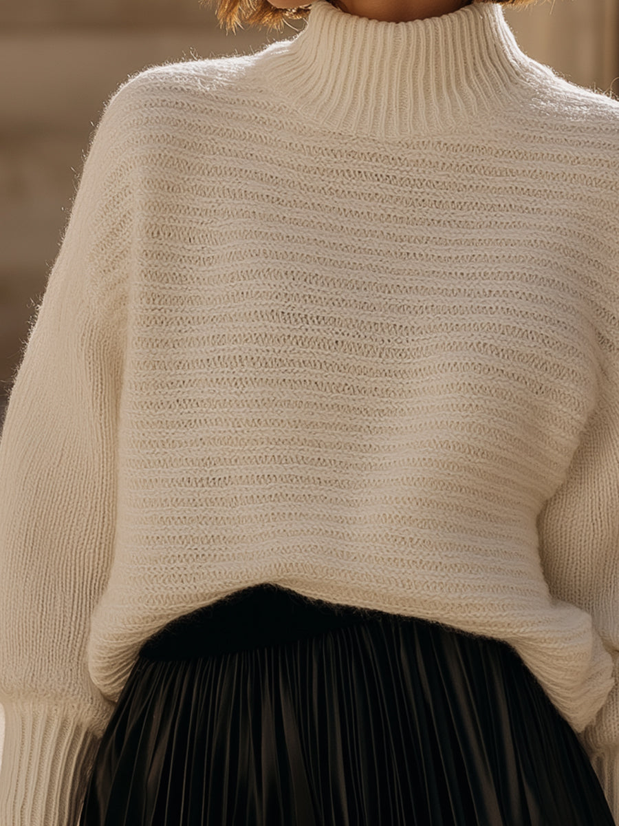 Cream Knit Turtleneck Sweater With Ribbed Design