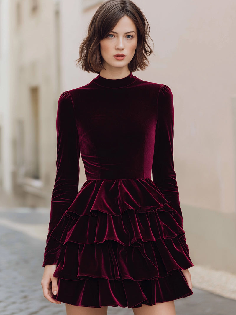 Burgundy Velvet Tiered Ruffle Mini Dress