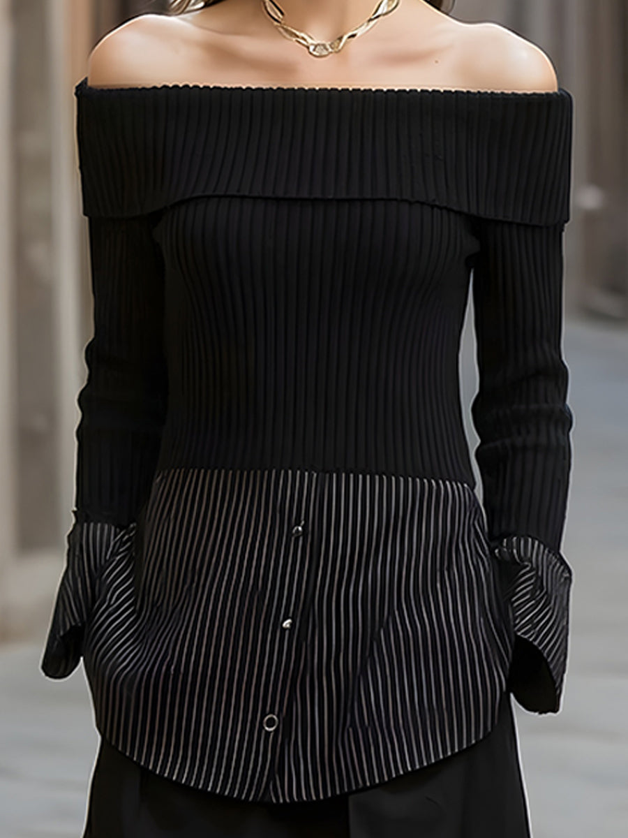 Black Off-Shoulder Ribbed Knit Striped Top And Midi Skirt Set