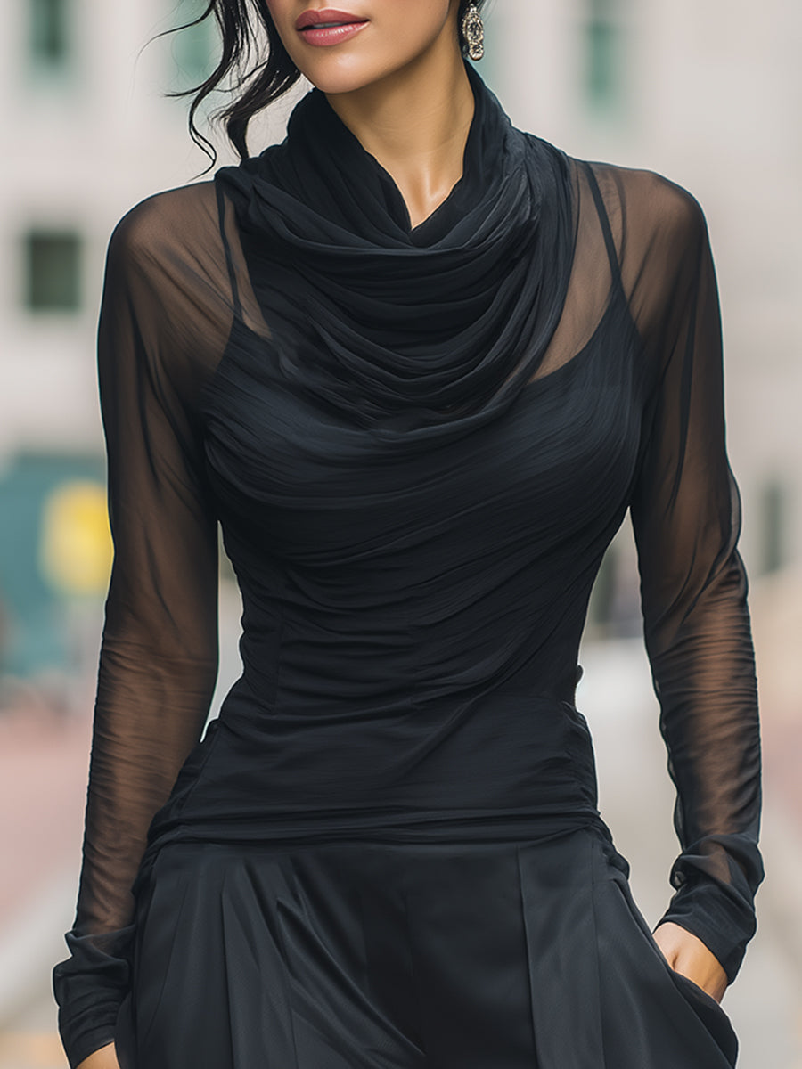 Sheer Draped Mesh Long-Sleeve Top