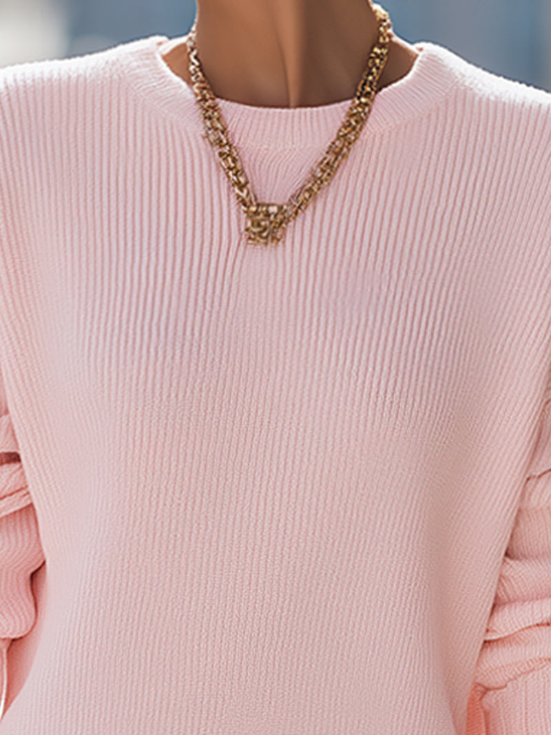 Blush Pink Ribbed Knit Sweater With Gold Zipper Details