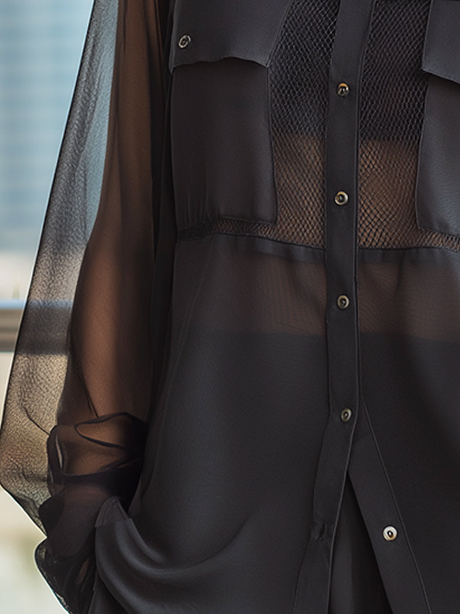 Black Sheer Mesh Panel Button-Down Blouse