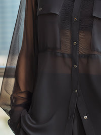 Black Sheer Mesh Panel Button-Down Blouse