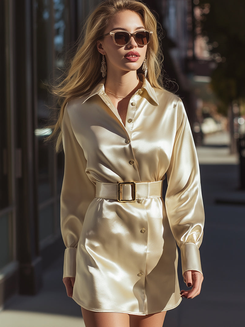 Satin Belted Shirt Dress In Soft Ivory