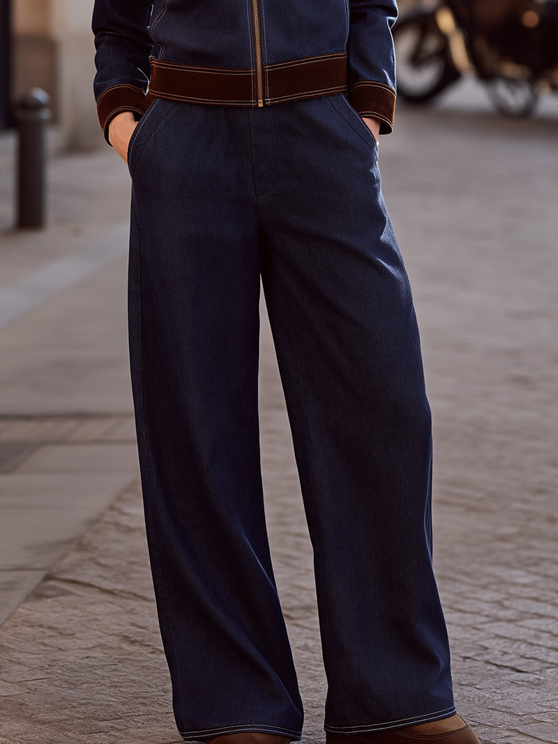 Contrast-Trim Denim Jacket And Wide-Leg Trousers Set