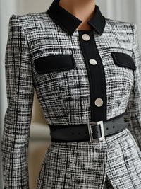 Monochrome Tweed Belted Power Suit Set