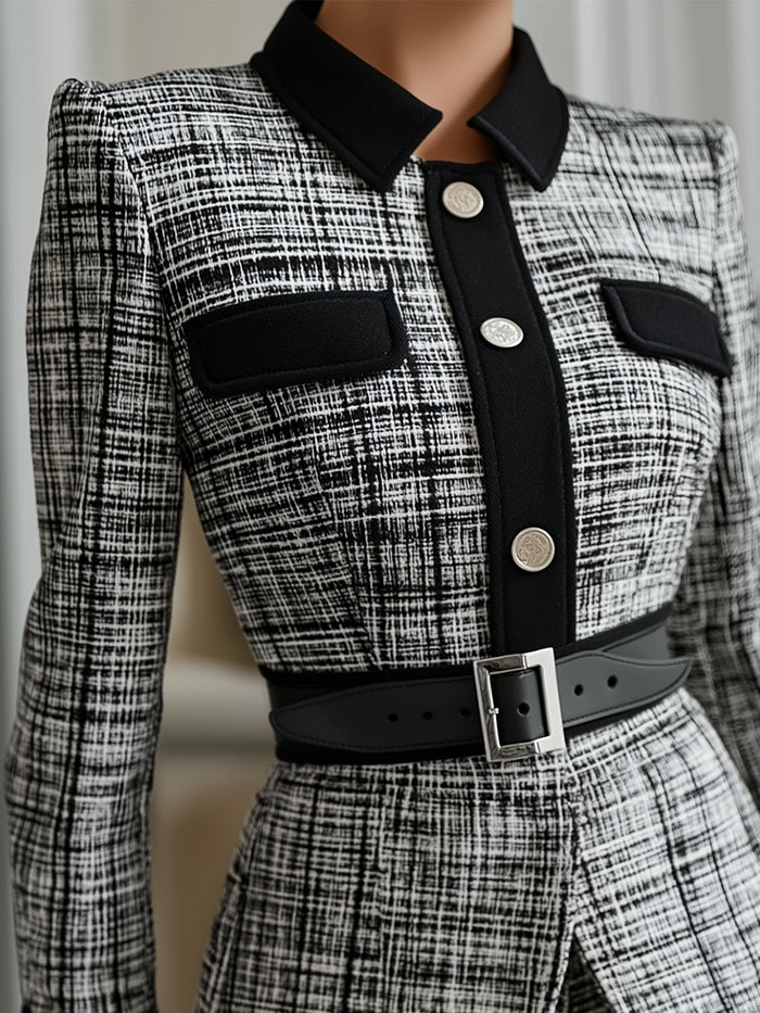 Monochrome Tweed Belted Power Suit Set