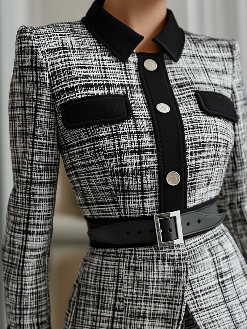 Monochrome Tweed Belted Power Suit Set