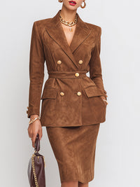 Double-Breasted Suede Skirt Suit With Gold Button Detailing