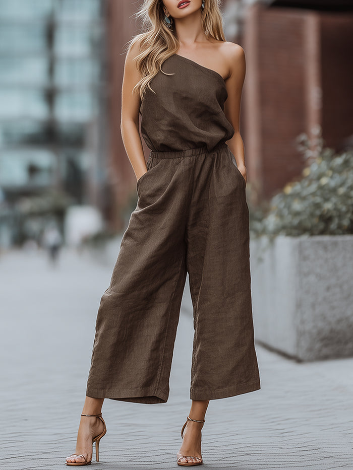 Relaxed One-Shoulder Linen Wide-Leg Jumpsuit