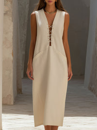 Lace-Up V-Neck Sleeveless Midi Dress