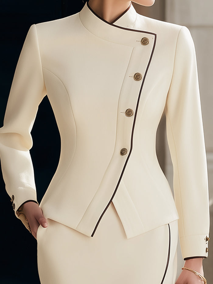 Asymmetric Buttoned Cream Skirt Suit With Contrast Piping