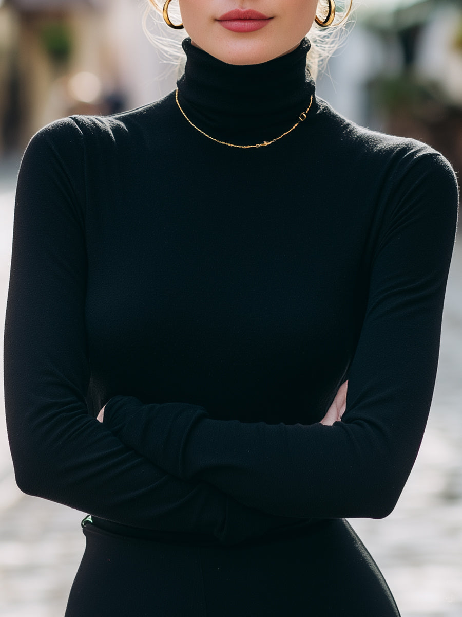 Black Essential Stretch Turtleneck Top