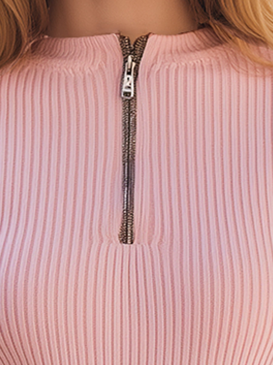 Blush Pink Ribbed Half-Zip Knit Top