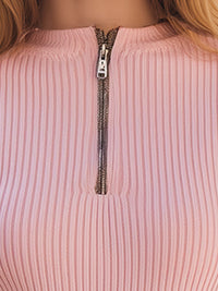 Blush Pink Ribbed Half-Zip Knit Top