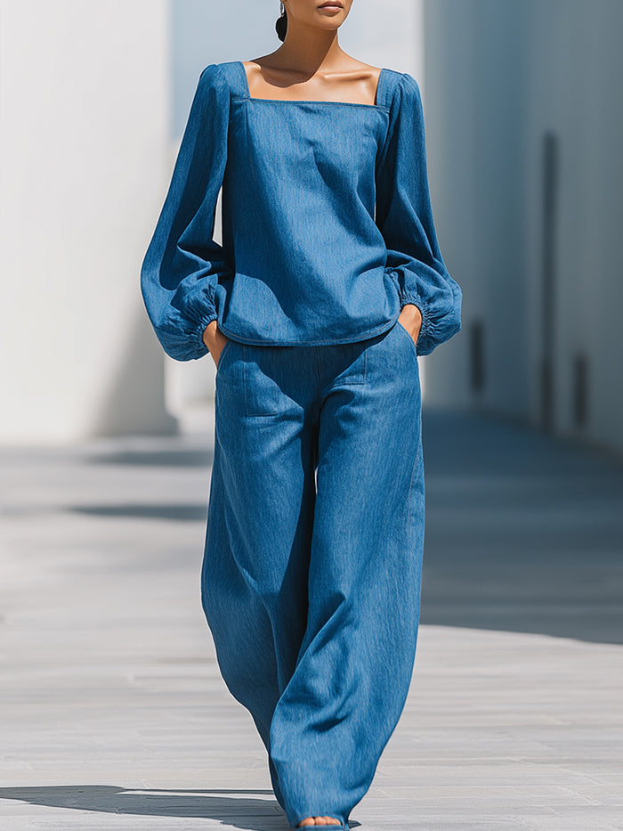 Square-Neck Denim Blouse And Wide-Leg Pants Set