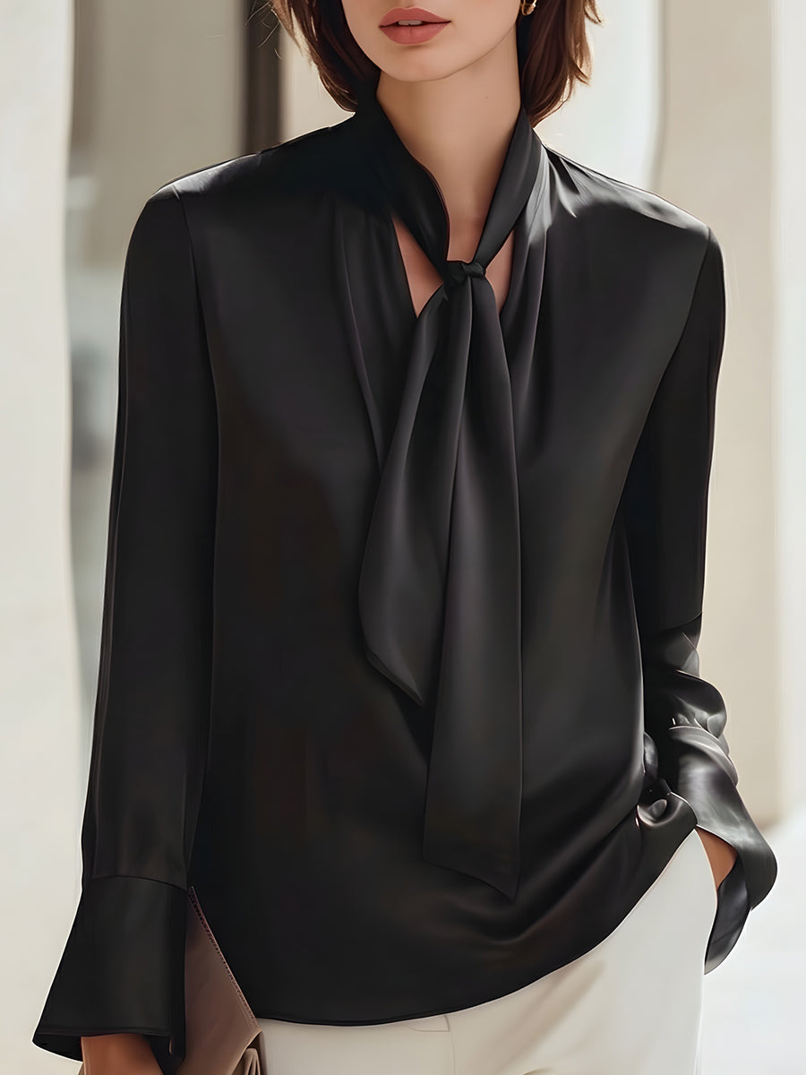 Elegant Black Tie-Neck Satin Blouse