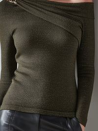 Asymmetric One-Shoulder Knit Top With Gold Hardware Detail