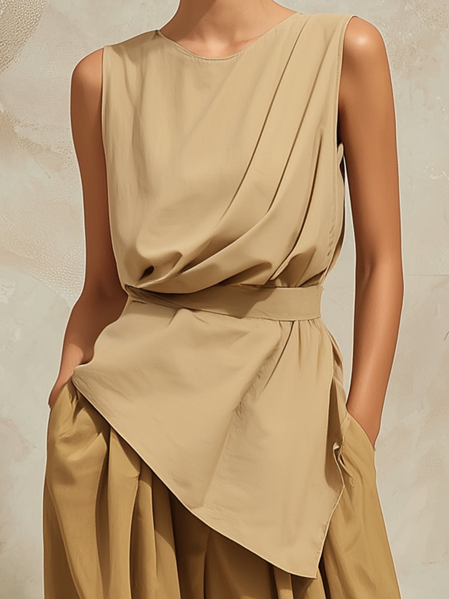 Elegant Draped Asymmetrical Top + Wide-Leg Pants Two-Piece Set