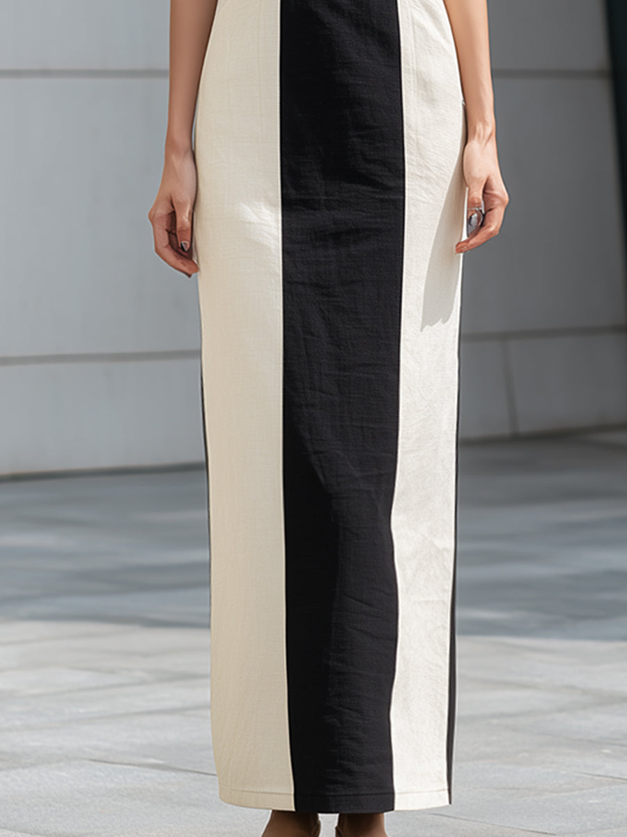 Contrast Panel Square-Neck Column Maxi Dress