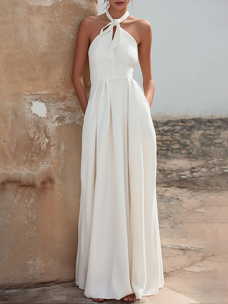 Tie-Neck Halter Pleated Maxi Dress