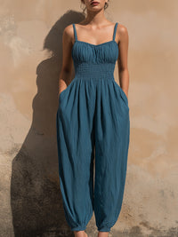 Elegant Smocked Waist Spaghetti Strap Harem Jumpsuit With Pockets