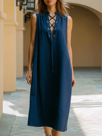 Lace-Up Sleeveless Midi Shift Dress