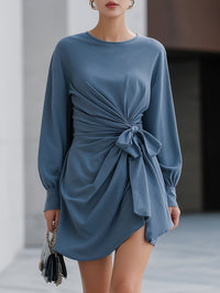 Elegant Blue Draped Mini Dress With Front Tie Detail